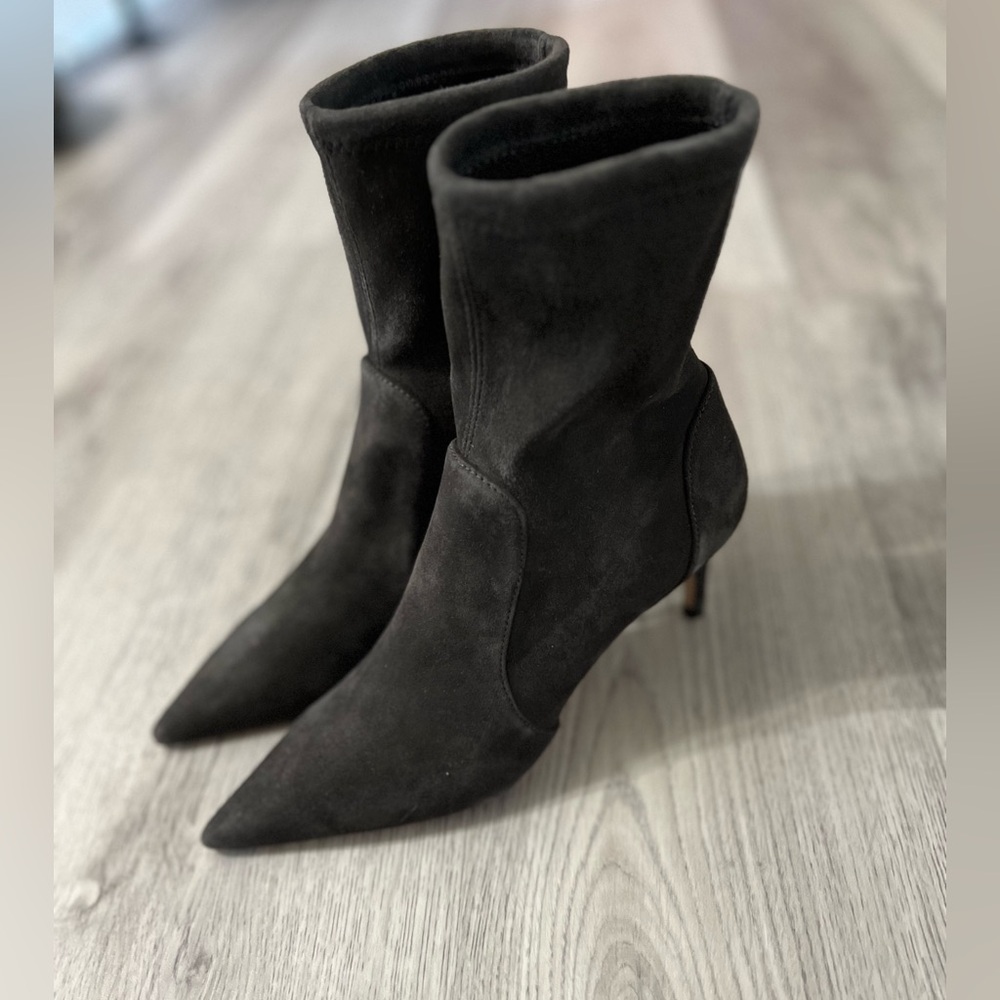 Stuart Weitzman - Stuart 85 Stretch Suede Ankle Boots, Slate Gray - Size 5B - Picture 3 of 8